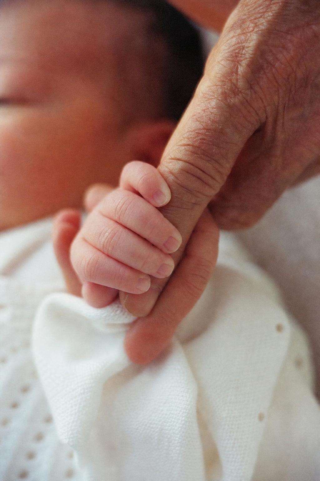A newborn's hand resting in an adult's palm